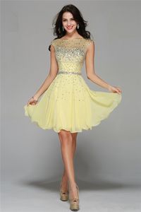 2017 Sexy Backless Yellow Crystal A-Line Prom Dresses met Scoop Chiffon Knielengte Avond Formele Party Gown BP04