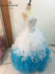 2017 sexy mode blauw en wit baljurk quinceanera jurken met kralen lovertjes plus size zoete 16 jurken vestido debutante jurken BQ18