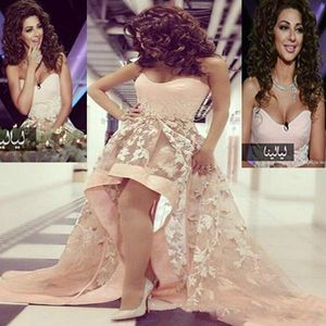 2017 Sexy Hoge Lage Abiye Myriam Tarieven Prom Dresses Short Front Lange Jurken Perzik Witte Applicaties Sweetheart Arabische Avondjurken Trein