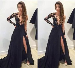 2017 Sexy Long Black Prom -jurken Appliques Deep Vneck lange mouwen zijde Split Evening feestjurken op maat gemaakt vestisdos de novia9278713