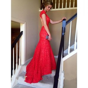 2017 sexy zeemeermin prom jurken rood full lace v-hals backless avondjurken feestjurken turquoise feestjurken vestido de festa