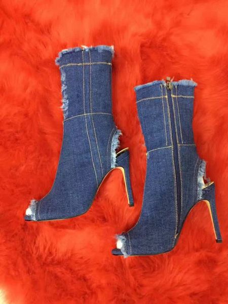 Bottes en denim sexy mi-mollet pour femmes, talons fins, bout ouvert, sandales de gladiateur, chaussons bleus, chaussures de fête en jean