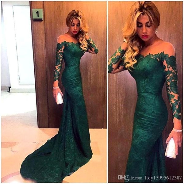 2019 Nouveau Sexy Nouveau Vert Émeraude À Manches Longues En Dentelle Sirène Robes De Soirée Illusion Mesh Top Balayage Longue Robe De Soirée De Bal Pas Cher 286