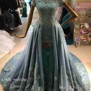 2019 Sexy Overskirt Celebrity Robe De Bal A-ligne Manches Courtes En Dentelle Appliques Longue Balayage Train Robe De Soirée Sur Mesure Plus La Taille