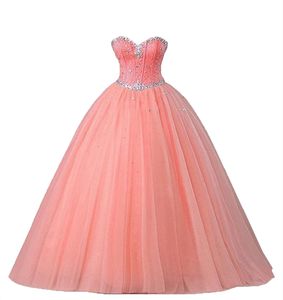 2021 robes de Quinceanera robe de bal rose corail sexy avec perlée douce 16 robe à lacets longueur de plancher détachable robe De Festa QC112