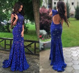 2017 Sexy Royal Blue Prom Dresses Jewel Neck Full Lace Crystal Beaded Bling Vaina espalda abierta Vestido de noche largo Party Pageant Vestidos formales