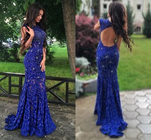 2017 Sexy Royal Blue Robes De Bal Jewel Neck Full Lace Cristal Perlé Bling Gaine Dos Ouvert Longue Robe De Soirée Party Pageant Robes Formelles