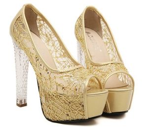 2017 Venta Sexy zapatos de novia zapatos de encaje boca de pez zapatos de boda de tacón alto de cristal shuoshuo6588271p