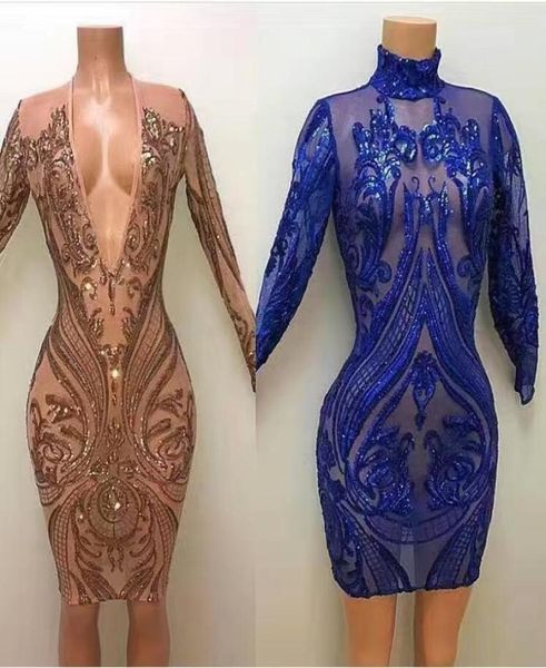 2017 Sexy Short Shreath Vestidos de graduación con hundido en V cuello mangas largas Ilusión Lute de lentejuelas Mini Bling Party Farty Evening Gowns8842158