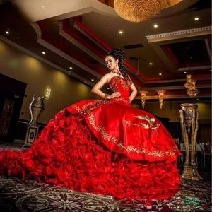 Chérie rouge broderie robe De bal Quinceanera robes Satin à lacets étage longueur robe De Festa douce 16 robe BM86