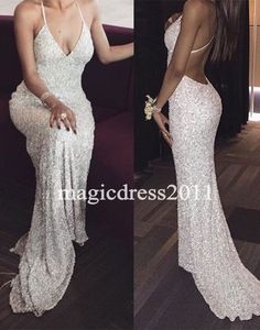 Sexy witte pailletten Prom Avondjurken Mermaid Diepe V-hals Halter Open Back Geplooide Lange Formele Celebrity Towns Jurk voor Party