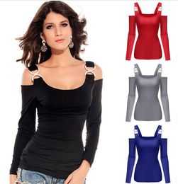 2017 Sexy Womens Off Shoulder Slim Fit T-shirt Lange mouw bandjes Solid Casual Shirts Dame Clubwear Tee Tops Blusas Plus Size