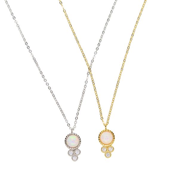 Collier en argent sterling 925 pour femmes, chaîne fine avec croix simple et délicate, pendentif rond en opale de feu blanche, en argent et en or