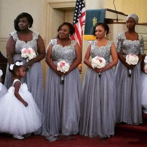 2017 Sliver Grey African Plus Size Chiffon Bruidsmeisjes Jurken Kralen Kant Applicaties Bruidsmeisjes Toga Lange Vestido Madrinha