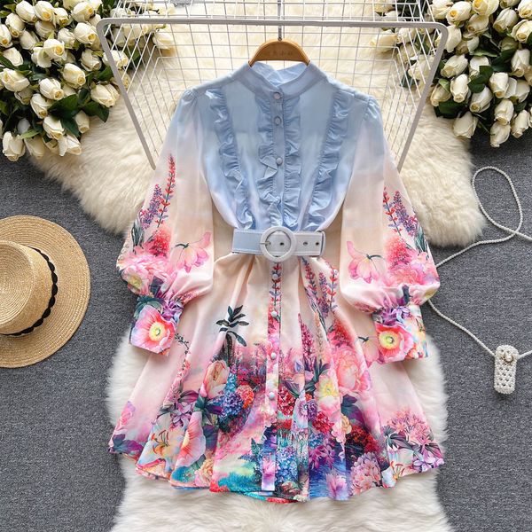 Vestido de lino con flores de diseñador de pasarela de primavera y verano para mujer, Vestidos cortos de una botonadura con mangas acampanadas y volantes 2023