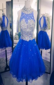2017 Sparkly Crystal Royal Blue Homecoming -jurken voor zoete 16 bemanning nek holle rug kralen gezwollen tule tule rode afstudeerjurken PA2017789