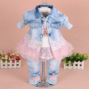 2017 printemps bébé filles ensemble de vêtements 3 pièces/ensemble veste en jean + t-shirt + pantalon bébé fille vêtements princesse enfants vêtements ensembles