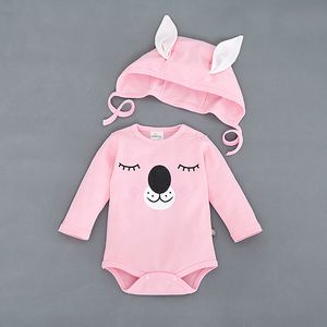 Nueva primavera otoño infantil niñas bebé oso de dibujos animados mamelucos con gorra 2 uds conjunto niños manga larga Onesies puentes niños trajes ropa de escalada