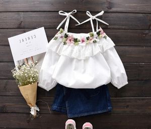 Primavera Verano niñas bebé sol-Top flores bordado algodón Tops blusa niños florales camiseta blanca niños blusas ropa