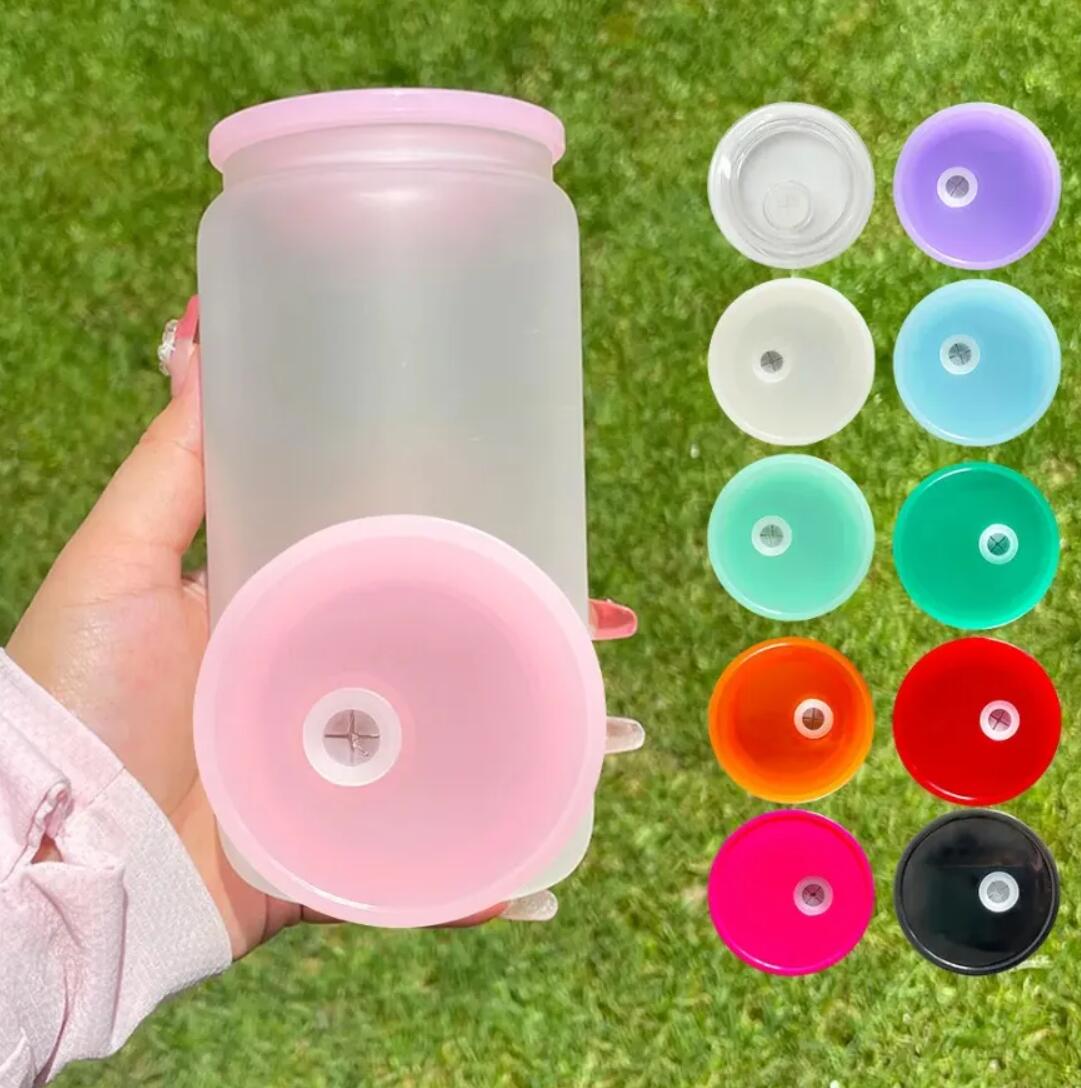 BPA gratis färgglad ersättande plasttätning PP Akryllock för 16oz glas kan material spill bevis stänkbeständig täckning för rak kopp GG1108