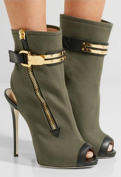 2017 botines de verano sandalias de cuero verde militar botas de mujer botines peep toe con cremallera lateral mujer botas espalda abierta zapatos de fiesta de tacón fino