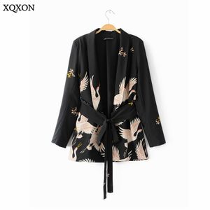 2017 Summer Bird Print Black Blazer Vestes Femmes Cool Slim Ladies Veste avec une ceinture Blazer Outwear décontractée