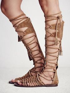 2017 été mode à lacets longues gladiateur sandales découpes genou haute femmes bottes Peep Toe grande taille femmes chaussures plates