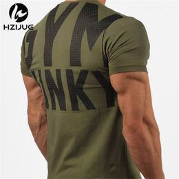 Été nouveaux hommes gymnases t-shirt Crossfit Fitness musculation lettre imprimé mâle court coton vêtements marque t-shirt hauts 5 couleurs