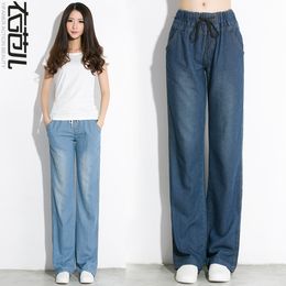 2017 Été Mince Bas Grande Taille Élastique Taille Large Casual Jeans Femme Lâche Droite Large Jambe Pantalon Femmes Jeans W175 S18101604