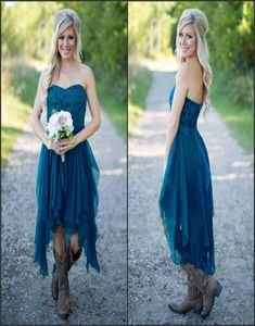 2017 Teal High Low Country Style Vestidos de dama de honor Sin tirantes Una línea Vintage Lace Chiffon Vestidos de dama de honor Vestidos de fiesta formales C2064775