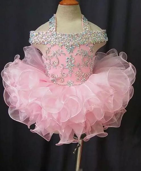 2022 Vestidos para niños pequeños Vestidos de organza rosa para niños Vestidos de fiesta con cuentas de cristal Espalda abierta con lazo Vestido formal de fiesta de cumpleaños para niñas pequeñas