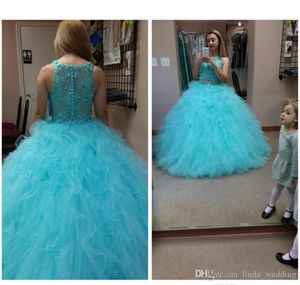 2019 Two Pieces Blue Quinceanera Jurk Prinses Puffy Ruches Lace Sweet 16 leeftijden Lange Meisjes Prom Pageant Town Plus Size Custom Made