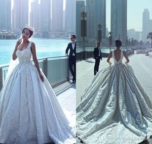 2019 vintage Arabische Dubai stijl lange kant geappliceerd trouwjurk baljurk luxe backless vierkante nek bruidsjurk op maat gemaakte plus size