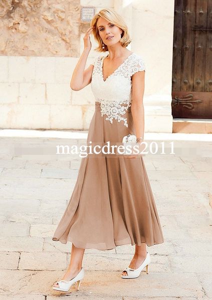 Vintage elegante gasa talla grande vestidos para madre de la novia con manga corta con cuello en V encaje novio trajes de pantalón vestidos para bodas