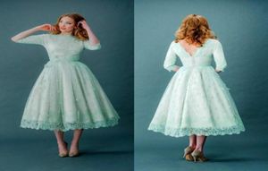 2017 Vintage Lace Prom -jurken Half Sheeves Mint Green Tea Lengte Spring Plus Size Backless avondfeestjurken Afstudeerjurk3220709