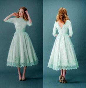 2017 Vintage Lace Prom -jurken Half Sheeves Mint Green Tea Lengte Spring Plus Size Backless avondfeestjurken Afstudeerjurk9963102