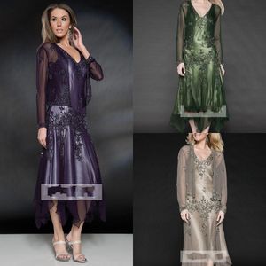 2020 vintage v-hals lange mouwen moeder van de bruid jurken kant appliques kralen chiffon thee lengte bruid bruiloft gasten jassen met jas