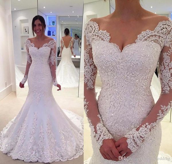 2019 Vintage Romantique À Manches Longues Robe De Mariée Sirène Pas Cher Dentelle Turquie Église Jardin Western Robe De Mariée Formelle Plus La Taille Sur Mesure