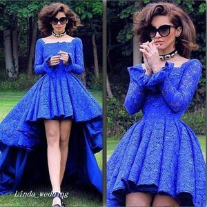 2019 vintage royal blue prom jurk Arabische stijl tuin Dubai lange mouwen kant hoge lage formele avond feestjurk plus size