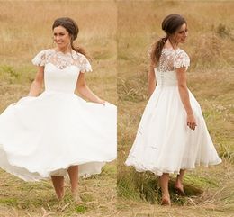 2022 Vintage Thee Lengte Trouwjurken Jurken Sheer Bateau Hals Kant Applique Cap Mouw A-lijn Plus Size Organza Country Garden Bridal Town