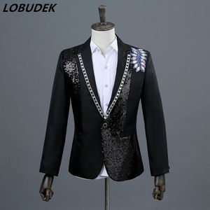 Chaqueta de hombre de cristal blanco negro Lentejuelas de moda Abrigo delgado Cantante Grupo anfitrión Coro Traje de escenario Boda Fiesta de graduación Traje de actuación principal