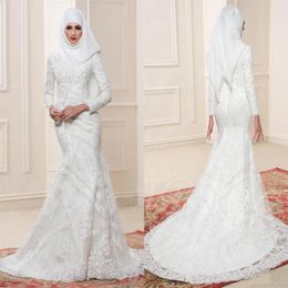 2017 abiti da sposa musulmani bianchi scollo alto maniche lunghe abiti da sposa con applique in rilievo stile sirena matrimonio su misura G279C