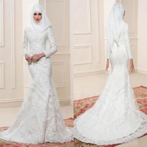 2017 robes de mariée musulmanes blanches décolleté haut manches longues robes de mariée avec appliques perlées style sirène mariage sur mesure G306D