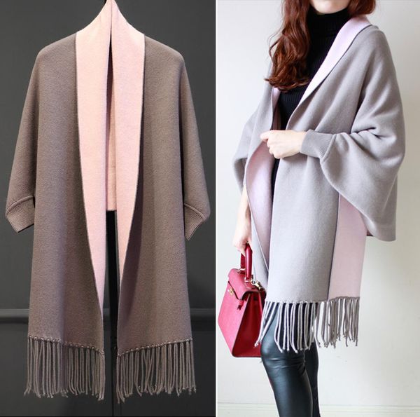 2017 Hiver Fashion Brand Cashmere Scarf à deux fois châle Cape Cape Solid Foulard frangée Sweater à manches longues7892744