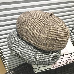 2017 hiver laine Plaid béret chapeaux pour femmes Tweed rétro artiste peintre casquettes pied-de-poule octogonal bonnets chapeau