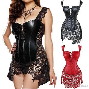 2017 Femmes Faux Cuir Burlesque Plus La Taille Taille Formation Corset Venise Dentelle Robe Overbust Bonne Qualité Steampunk Clothing2643