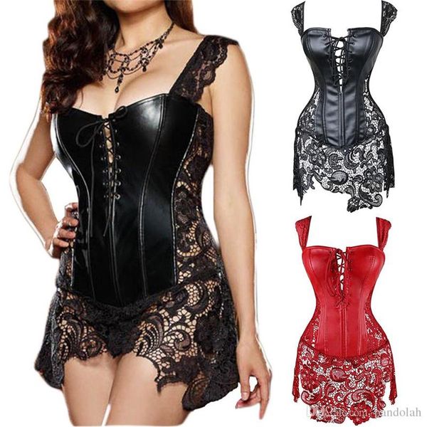 2017 Mujeres Faux Leather Burlesque Tallas grandes Cintura Entrenamiento Corsé Venecia Vestido de encaje Overbust Buena calidad Steampunk Clothing2643