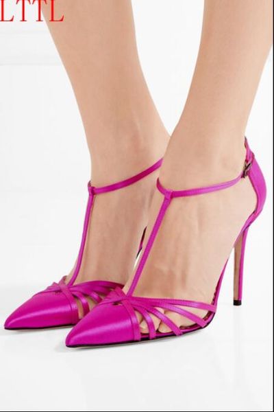 2017 zapatos de tacón de seda para mujer, tacones altos de color rosa intenso, zapatos de tacón con punta estrecha, sandalias de gladiador con tacón fino, zapatos de fiesta