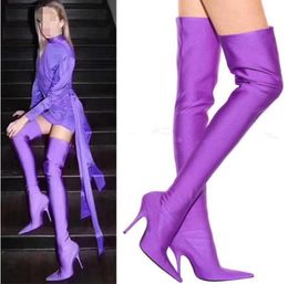 2017 femmes cuissardes couleur bonbon soie matériel chaussons talon mince bout pointu haut gladiateur chaussons chaussures habillées sur des bottes hautes