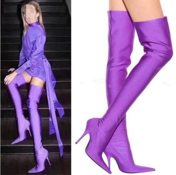 2017 botas altas hasta el muslo para mujer, botines de material de seda de color caramelo, botines de gladiador altos con punta de tacón fino, zapatos de vestir sobre botas hasta la rodilla